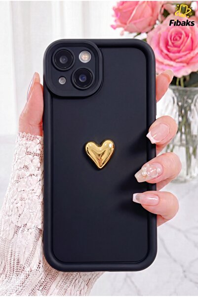 Fibaks iPhone 13/14 Kılıf 3D Kalp Tasarımlı Siyah Desenli Yumuşak Kamera Koru...