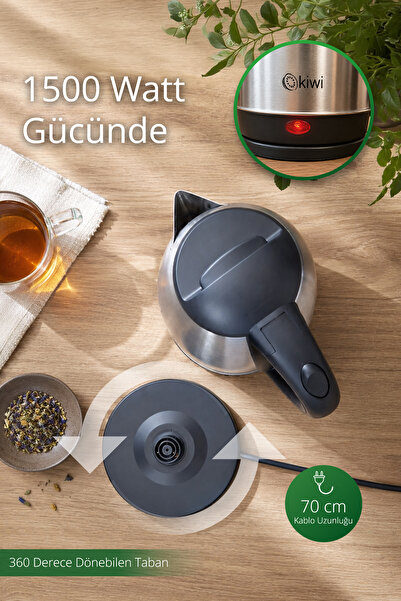 Kiwi KK-3331 Su Isıtıcı Kettle | 1500W & 1.8 L Paslanmaz Çelik & 360 Kablosuz Kullanım & Otomatik Kapak