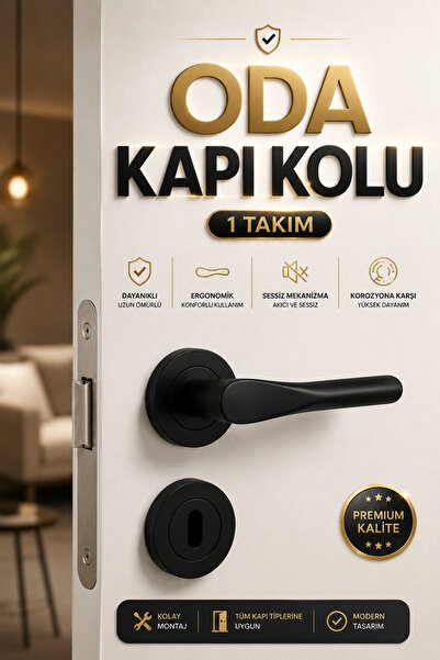 Badem10 Özen Royal Mat Siyah Oda Kapı Kolu 1 Takım Yuvarlak Rozetli Şık Moder...