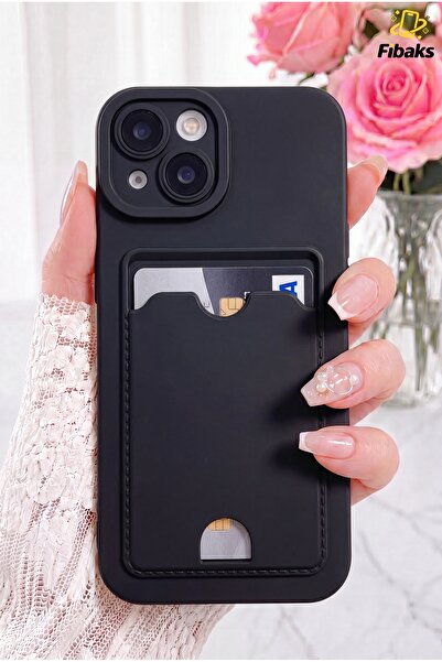Fibaks iPhone 13 Kılıf Kamera Korumalı Kartlıklı Cüzdanlı Kırmızı Tuşlu Siyah Silikon(Hoparlör Toz Koruma)
