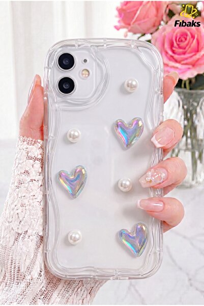 Fibaks iPhone 11 Kılıf 3d Kalpli Ve Inci Tasarımlı Desenli Kamera Korumalı Şe...