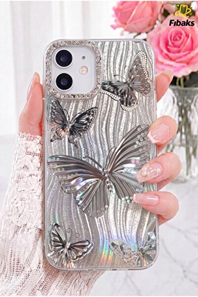 Fibaks iPhone 11 Kılıf Hologramlı Gümüş Taşlı Simli Kelebek Desenli Darbe Emi...