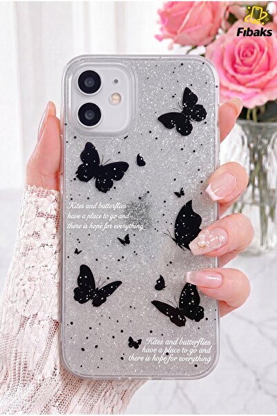 Fibaks iPhone 11 Kılıf Simli Siyah Kelebek Desenli Renkli Parlak Darbe Emici ...