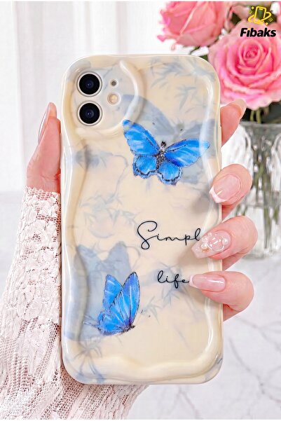 Fibaks iPhone 11 Kılıf Kamera Korumalı Silikon Mavi Kelebek Desenli Dalga Ken...