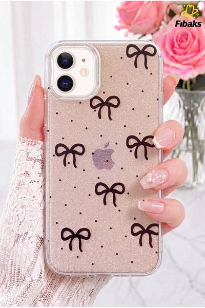 Fibaks iPhone 11 Kılıf Simli Siyah Fiyonk Desenli Renkli Parlak Darbe Emici K...