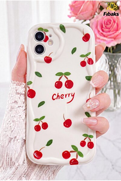 Fibaks iPhone 11 Kılıf Kamera Korumalı Dalga Kenarlı Cherry Desenli Yumuşak S...