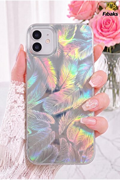 Fibaks iPhone 11 Kılıf Hologramlı Parlak Beyaz Yaprak Desenli Darbe Emici Kam...
