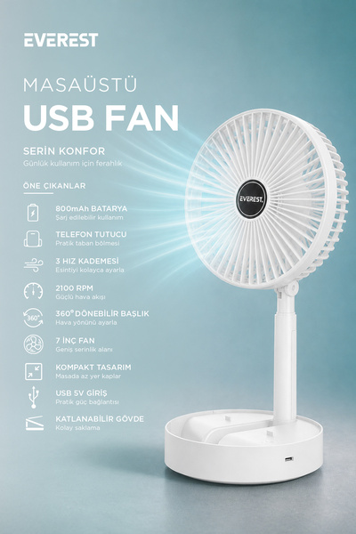 Everest EFN-501 ŞARJ EDİLEBİLİR MASÜSTÜ FAN