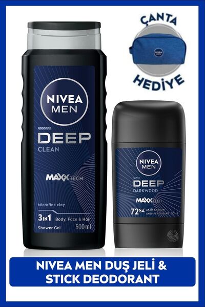NIVEA MEN Erkek Duş Jeli Deep Clean 500ml ve Stick Deodorant Deep Darkwood 50...