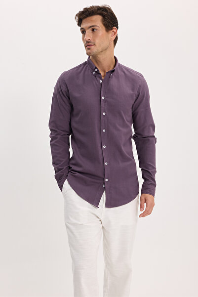 Tudors Ανδρικό πουκάμισο Slim Fit, 100% βαμβακερό, με κουμπιά, λινό Flam, μωβ
