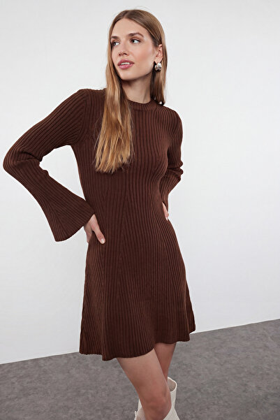 Trendyol Collection Brown Plain Extra Short / Super Mini Knitwear Dress Twoaw...