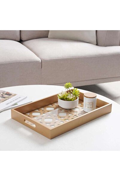 PAN HOME Mashrabiya Wooden Decorative Tray 45x30x5cm- Gold