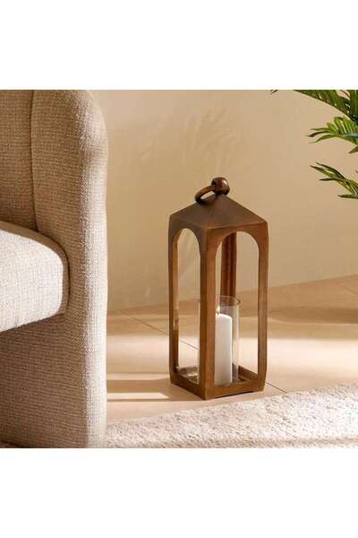 PAN HOME Zaida Metal Lantern With Glass 20x20x58cm - Brass Antique