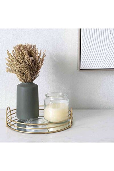 PAN HOME Solana Round Metal Tray With Glass Mirror Dia25x3cm- Gold