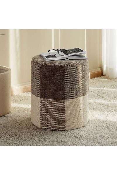 PAN HOME Madison Check Woolen Pouf 40x40x45cm- Beige
