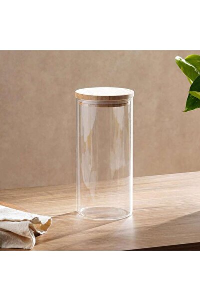 PAN HOME جرة زجاجية من جلاسيا بغطاء من الخيزران سعة 1.4 لتر - شفافة