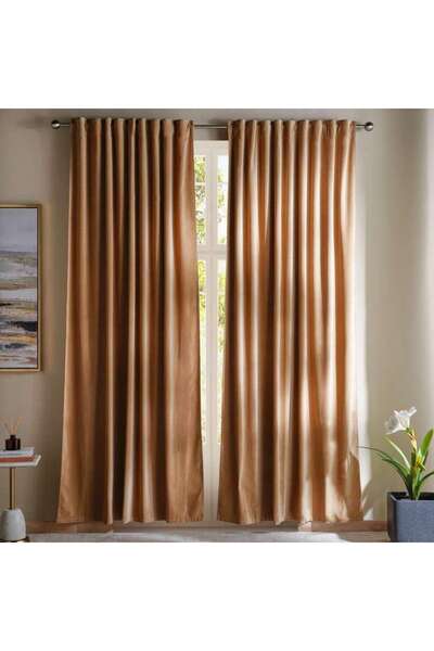 PAN HOME زوج ستائر سيرينا القطنية المخملية مع شريط تثبيت - 135×300 - بيج