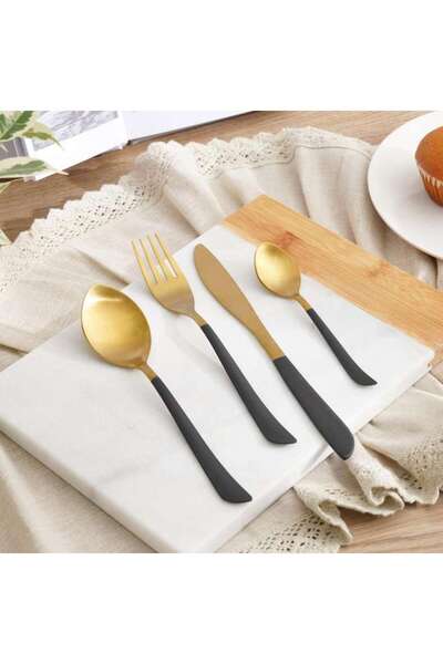 PAN HOME طقم أدوات مائدة جابينو 24 قطعة - ذهبي وأسود