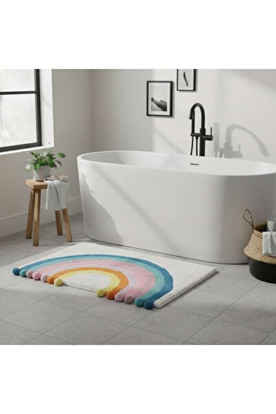 PAN HOME سجادة حمام مزخرفة بألوان قوس قزح 50×80 سم - أبيض
