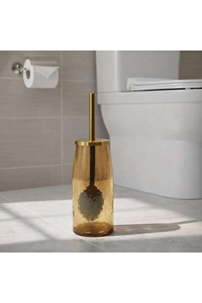 PAN HOME حامل فرشاة المرحاض الزجاجي من إنجما 10×10×40 سم - ذهبي