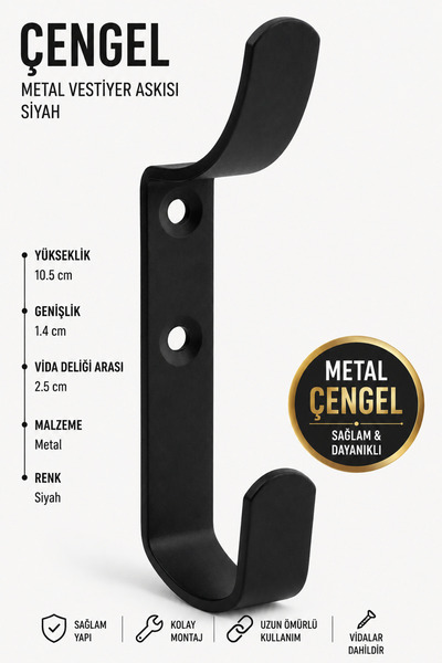 Badem10 Çengel Metal Portmanto Vestiyer Duvar Dolap Elbise Askısı Siyah Mobil...