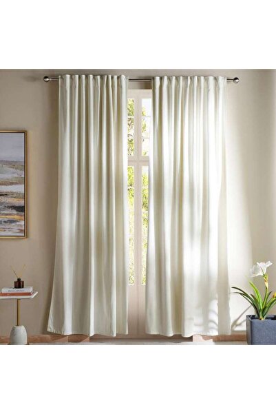 PAN HOME زوج ستائر سيرينا القطنية المخملية مع شريط تثبيت - 135×300 - كريمي