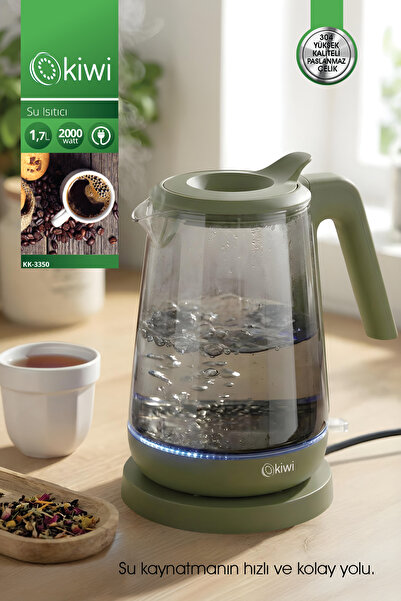 Kiwi KK-3350 Cam Su Isıtıcı | 2000W & 1.7 L Borosilikat Cam & LED Işıklı & 36...