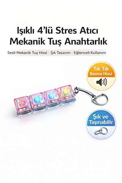 Akıllı Cep Dünyası Işıklı 4’lü Stres Atıcı Mekanik Tuş Anahtarlık Sesli Mekanik Tuş Hissi • Eğlenceli Kullanım
