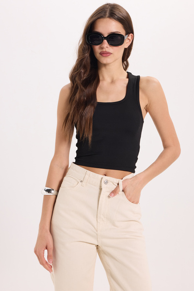 Tudors Women's Slim Fit Narrow Cut Thick Strap Square Neck Black Athlete Blouse