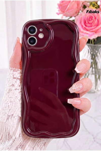 Fibaks iPhone 12 Kılıf Kamera Korumalı Dalga Kenarlı Darbe Emici Bordo Siliko...