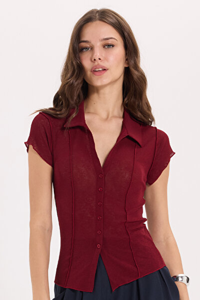 Tudors Kadın Slim Fit Dar Kesim Kısa Kollu Gömlek Yaka Bordo Gömlek