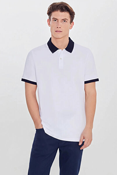 AC&Co / Altınyıldız Classics Erkek Beyaz-Lacivert %100 Pamuk Slim Fit Dar Kes...