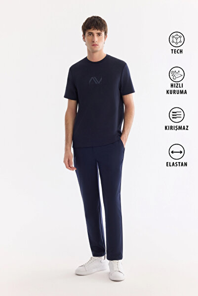 Avva Men's Navy Blue Elastic Side Anti-Wrinkle Technical Fabric Slim Fit Trou...