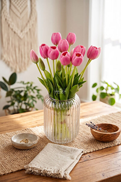 Yapay Çiçek Deposu Gerçek Dokulu Lüx 5 Dallı Tulipa Lale Buketi Pembe