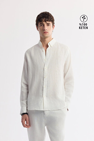 Avva Men's White Button down Collar 100% Linen Comfort Fit Shirt B002191