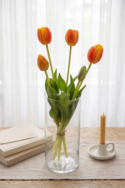Yapay Çiçek Deposu Real Textured Luxury 5-Branch Coquette Tulip Bouquet Orange