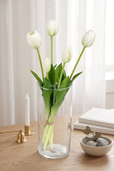 Yapay Çiçek Deposu Real Textured Luxury 5-Branch Coquette Tulip Bouquet White
