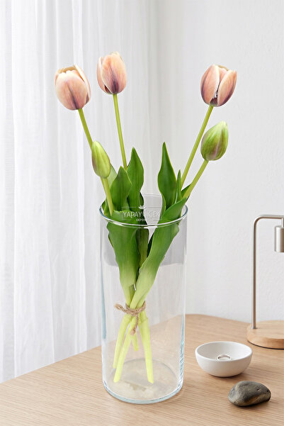Yapay Çiçek Deposu Real Textured Luxury 5-Branch Coquette Tulip Bouquet Cappu...