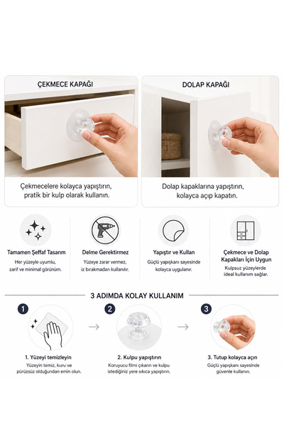 omilife 1 Adet Dolap Çekmece Tutacağı Pratik Yapışkanlı Kristal Mobilya Topuzu Komidin Çekmece Kulpu