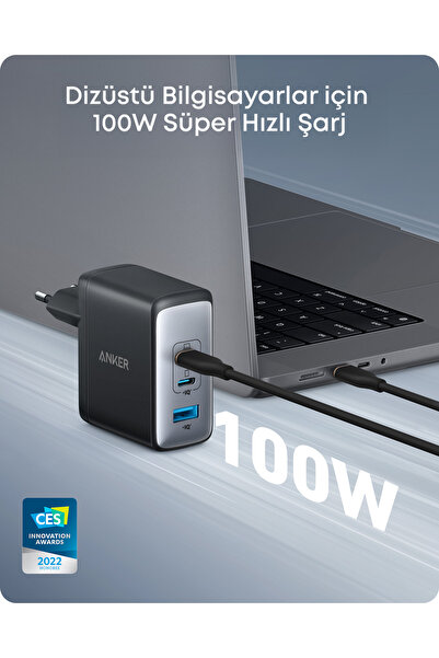 Anker 736 Nano II, 100 W Hızlı Şarj Adaptörü, PowerIQ 3.0, GaN II Teknolojisi, Siyah - A2145