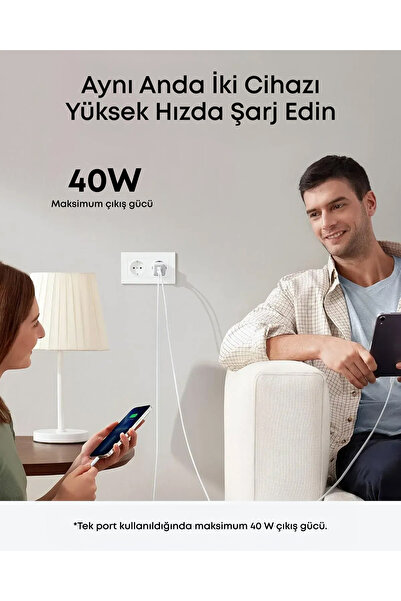 Anker Nano 521 Şarj Cihazı, 40W, PIQ 3.0, USB-C Çift Bağlantı Noktalı, Beyaz - A2038
