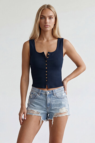 Trend Alaçatı Stili Women's navy blue u-neck strappy buttoned blouse alc-x15539