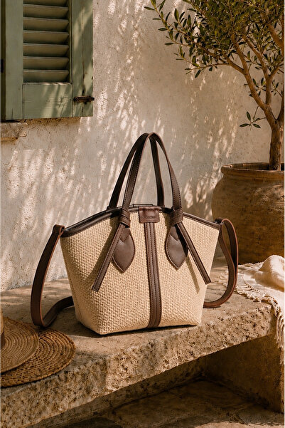 Rimense Women's Bitter Brown Straw Lined Zippered Hand and Shoulder Bag