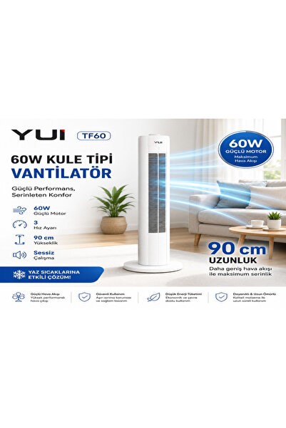 Yui TF60 60W 90 Cm 3 Hız Ayarlı Kule Tipi Vantilatör Fan - Beyaz