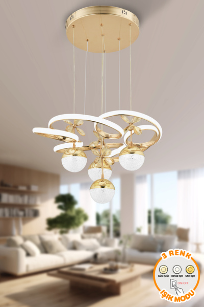Dekorluna Henry Gold 3 Renk Işık Özellikli Modern Sarkıt Led Avize Salon Mutf...