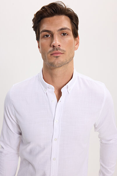 Tudors Erkek Slim Fit Dar Kesim Düğmeli Yaka %100 Pamuk Keten Görünümlü Beyaz...