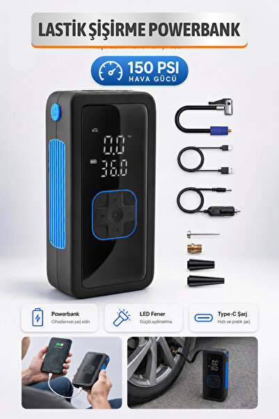 Badem10 Şarjlı Taşınabilir 90 W PowerBank 12 V Lastik Hava Şişirme Cihazı 150...