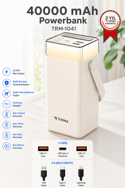 Torima Taşınabilir Batarya 40000 Mah Type-C Lightning Hızlı Şarj Rgb Işıklı 2...