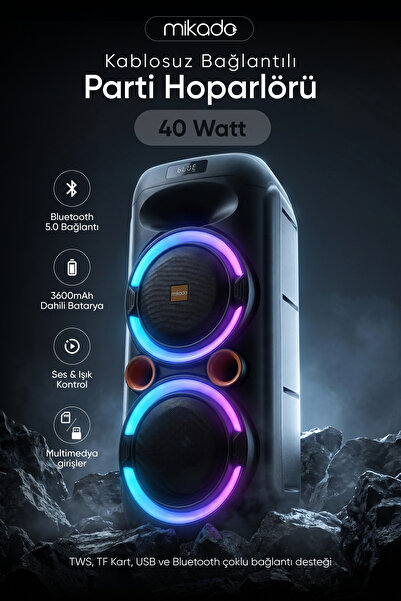 Mikado MD-208KP 40W Işıklı 7.4V 3600mAh Siyah 1 VHF UV Mikrofonlu USB/BT/TF/T...
