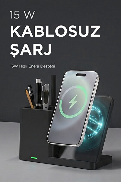 S-LINK SL-M9054 Siyah TypeC 15W Kablosuz Şarj Cihazı Kalemlikli Masa Lambası